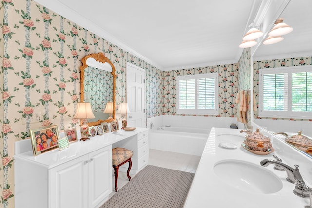 22366 Valley Oaks Dr, Beverly Hills, MI 48025 - full bathroom with crown molding, wallpapered walls, a garden tub, double vanity, and tile patterned floors