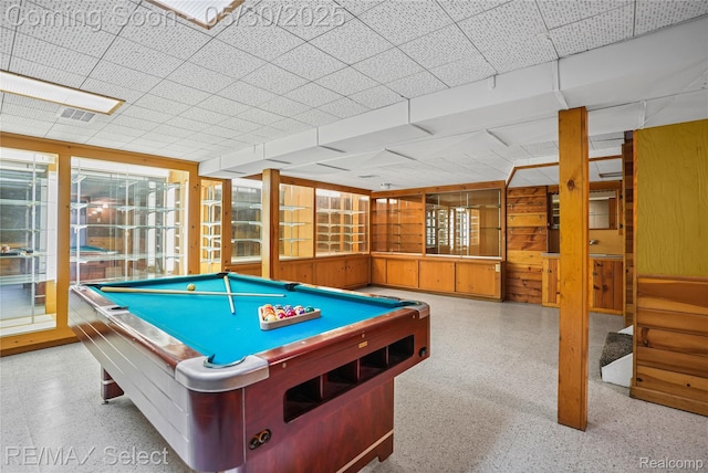 2302 Radcliffe Ave, Flint, MI 48503 - recreation room with wooden walls, billiards table, plenty of natural light, and a paneled ceiling