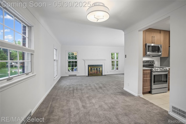 2302 Radcliffe Ave, Flint, MI 48503 - kitchen featuring stainless steel appliances, light carpet, plenty of natural light, and a fireplace with flush hearth