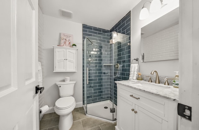 full bathroom featuring a stall shower, tile patterned floors, toilet, and vanity