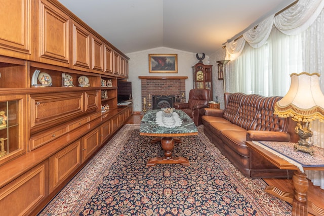 5835 S Ashford Way, Ypsilanti, MI 48197 - living area featuring lofted ceiling, a fireplace, and wood finished floors