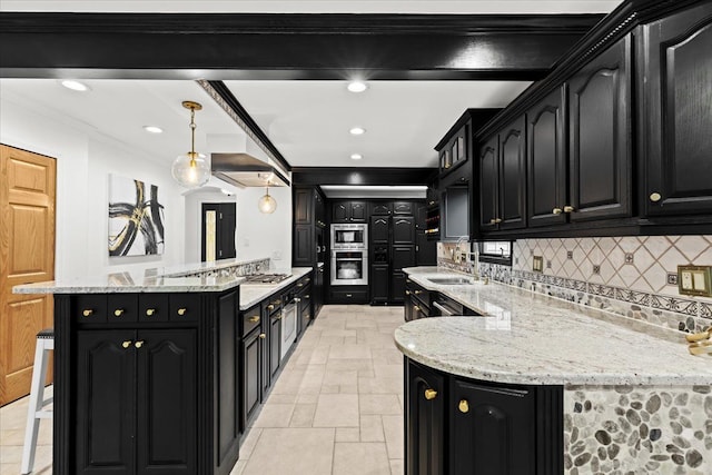 3767 Carrie Ln, Walled Lake, MI 48390 - kitchen with dark cabinetry, stainless steel appliances, a sink, ornamental molding, and tasteful backsplash