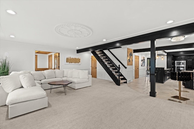 3767 Carrie Ln, Walled Lake, MI 48390 - living area with stairway, recessed lighting, and light colored carpet