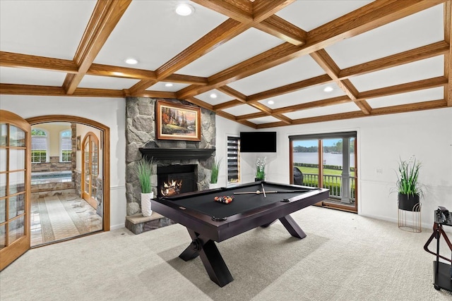3767 Carrie Ln, Walled Lake, MI 48390 - playroom with coffered ceiling, beamed ceiling, billiards, recessed lighting, and arched walkways