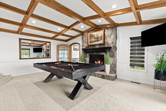 3767 Carrie Ln, Walled Lake, MI 48390 - recreation room with coffered ceiling, carpet flooring, billiards, recessed lighting, and a stone fireplace
