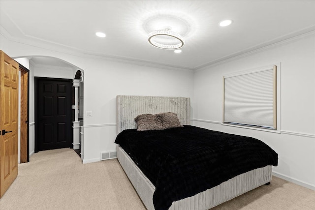 3767 Carrie Ln, Walled Lake, MI 48390 - bedroom featuring arched walkways, ornamental molding, light carpet, recessed lighting, and baseboards