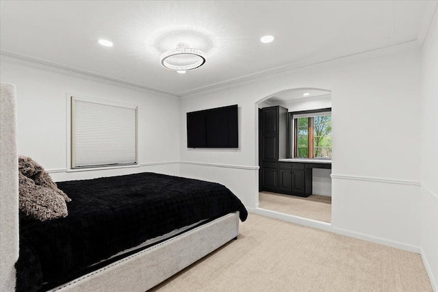 3767 Carrie Ln, Walled Lake, MI 48390 - carpeted bedroom featuring ornamental molding, recessed lighting, and arched walkways