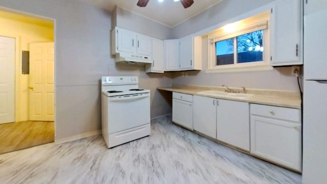11376 Rivard Ave, Warren, MI 48089 - kitchen featuring white appliances, a sink, ceiling fan, under cabinet range hood, and light countertops