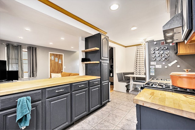 151 Rosetta Ct, Auburn Hills, MI 48326 - kitchen with wooden counters, open shelves, crown molding, recessed lighting, and light tile patterned flooring
