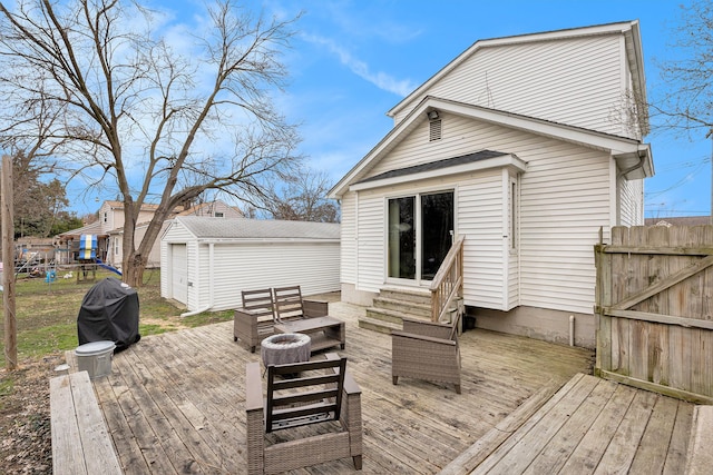 151 Rosetta Ct, Auburn Hills, MI 48326 - wooden terrace with entry steps, an outdoor hangout area, an outdoor structure, and a grill