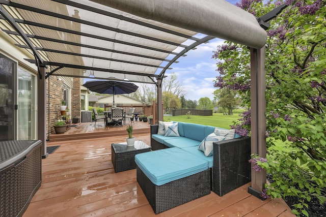 744 Lockmoore Ct, Rochester Hills, MI 48307 - wooden terrace with outdoor dining space, a pergola, an outdoor living space, and a yard