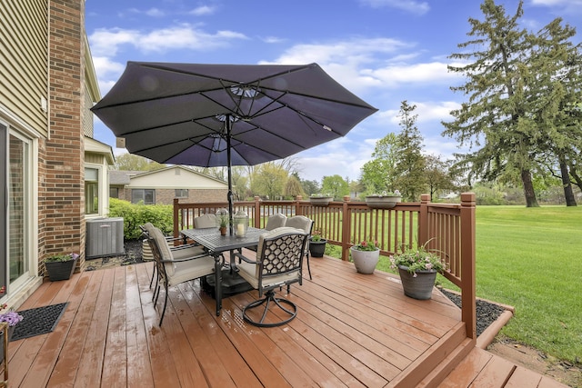 744 Lockmoore Ct, Rochester Hills, MI 48307 - wooden terrace with central air condition unit, outdoor dining space, and a lawn