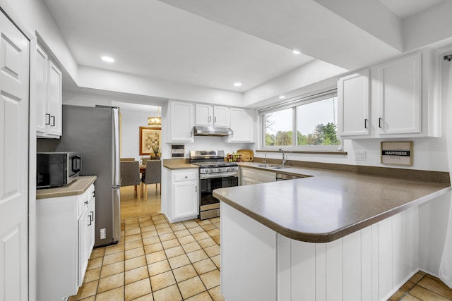 744 Lockmoore Ct, Rochester Hills, MI 48307 - kitchen with appliances with stainless steel finishes, under cabinet range hood, a peninsula, white cabinets, and recessed lighting