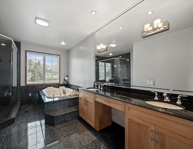 1334 Larayne Dr, Troy, MI 48085 - bathroom featuring a stall shower, double vanity, a garden tub, granite tiled floors, and recessed lighting