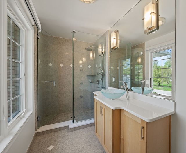 1334 Larayne Dr, Troy, MI 48085 - full bathroom with a shower stall, vanity, and speckled floor