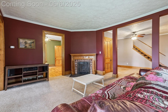 101 Hill St, Stockbridge, MI 49285 - living area featuring a textured ceiling, ornamental molding, carpet floors, stairway, and baseboards
