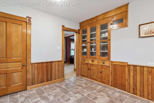 101 Hill St, Stockbridge, MI 49285 - unfurnished dining area featuring wooden walls, a wainscoted wall, stone finish flooring, and a textured ceiling
