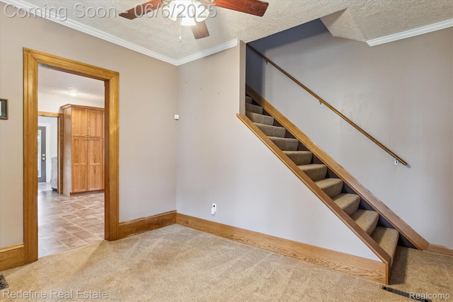101 Hill St, Stockbridge, MI 49285 - staircase with a ceiling fan, carpet floors, a textured ceiling, baseboards, and ornamental molding