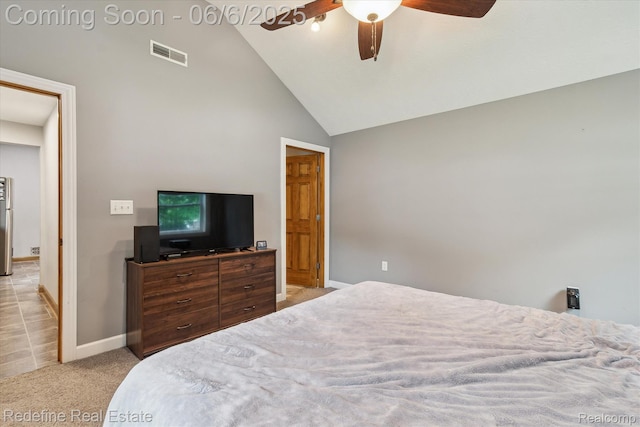 101 Hill St, Stockbridge, MI 49285 - bedroom featuring light colored carpet, baseboards, a ceiling fan, and high vaulted ceiling