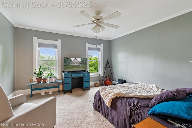 101 Hill St, Stockbridge, MI 49285 - bedroom featuring multiple windows, light carpet, ornamental molding, and ceiling fan