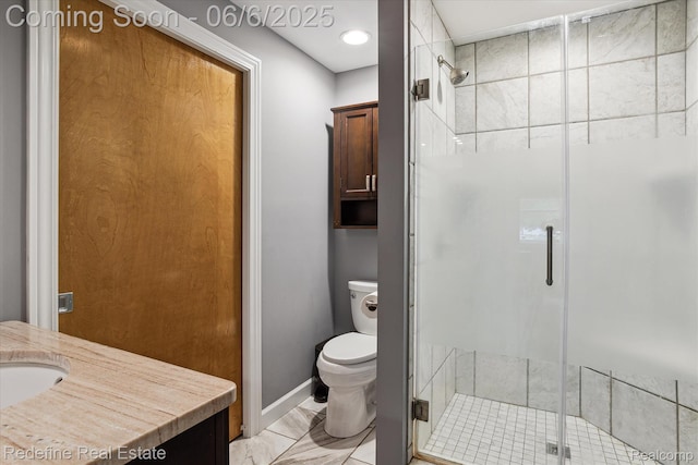 101 Hill St, Stockbridge, MI 49285 - bathroom with toilet, a stall shower, marble finish flooring, and vanity