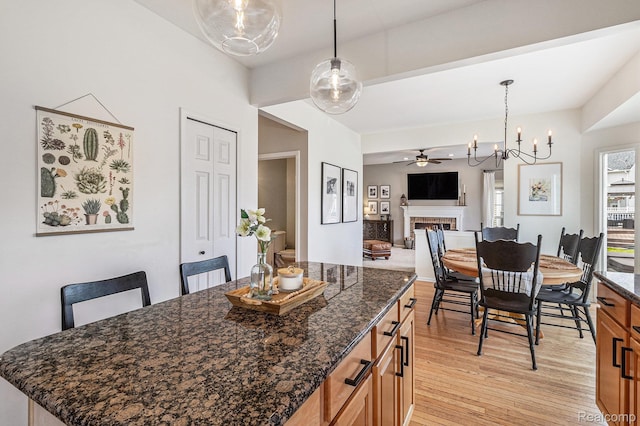 1122 Colt Dr, South Lyon, MI 48178 - dining room with a fireplace, light wood finished floors, ceiling fan, and a chandelier