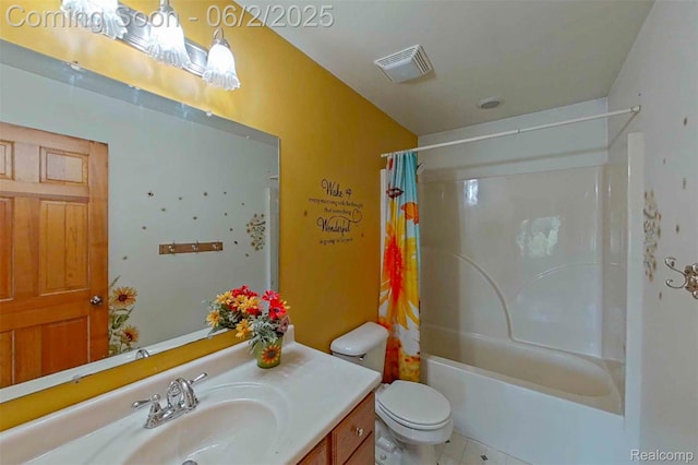 3749 Chase Lake Rd, Howell, MI 48855 - full bathroom featuring vanity, toilet, shower / bathtub combination with curtain, and tile patterned flooring