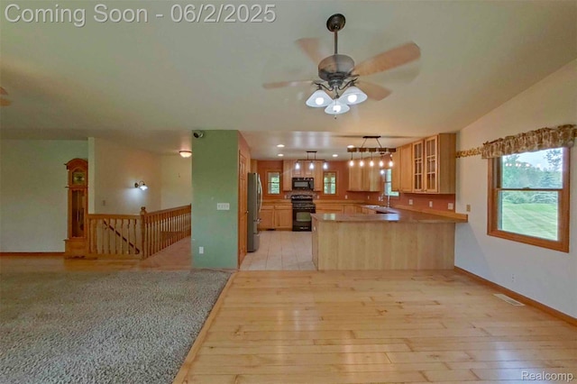 3749 Chase Lake Rd, Howell, MI 48855 - kitchen with black appliances, a peninsula, light wood-type flooring, open floor plan, and glass insert cabinets