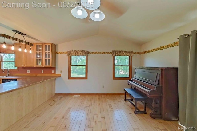 3749 Chase Lake Rd, Howell, MI 48855 - kitchen with light wood-style flooring, a chandelier, plenty of natural light, and vaulted ceiling