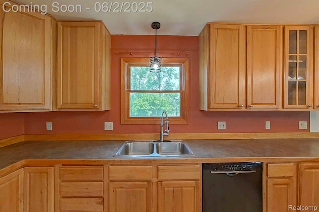 3749 Chase Lake Rd, Howell, MI 48855 - kitchen featuring dishwasher, a sink, light brown cabinetry, and glass insert cabinets