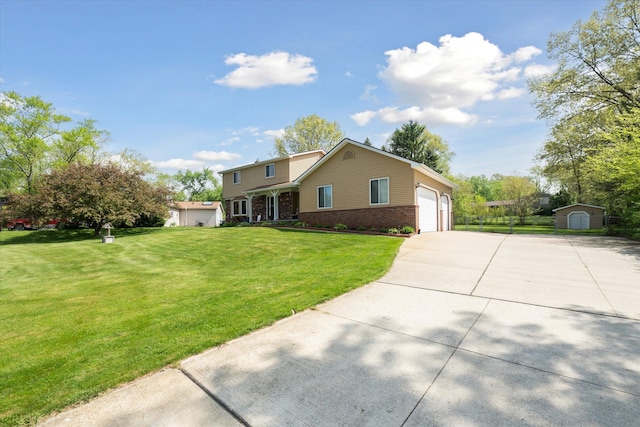 view of front of property with brick siding, a shed, driveway, an attached garage, and a front lawn