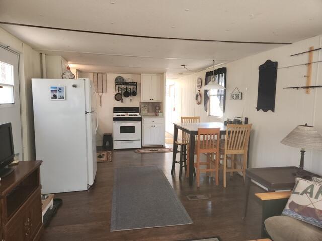 1631 W Lone Pine Rd, Baldwin, MI 49304 - kitchen with white appliances, white cabinets, plenty of natural light, and dark wood-style flooring