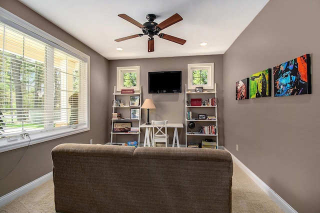 2910 N Wilson Dr, Sanford, MI 48657 - living area with carpet, baseboards, ceiling fan, and recessed lighting