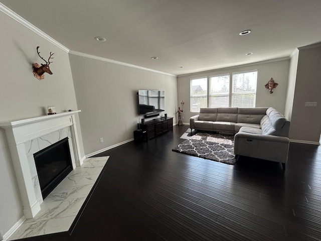 31065 Tremont Ln, Franklin, MI 48025 - living room featuring baseboards, recessed lighting, a premium fireplace, ornamental molding, and marble finish flooring