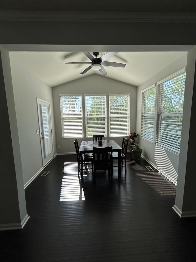 31065 Tremont Ln, Franklin, MI 48025 - dining area featuring lofted ceiling, a ceiling fan, baseboards, and dark wood-style floors