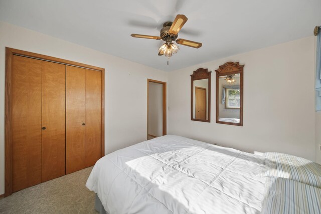 555 S Lakeside Dr, Michigan Center, MI 49254 - bedroom with carpet, a closet, and a ceiling fan