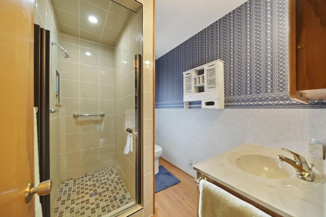 555 S Lakeside Dr, Michigan Center, MI 49254 - full bathroom featuring wallpapered walls, wood finished floors, a stall shower, toilet, and vanity