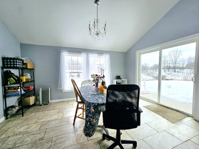 dining room featuring radiator, vaulted ceiling, a chandelier, and baseboards