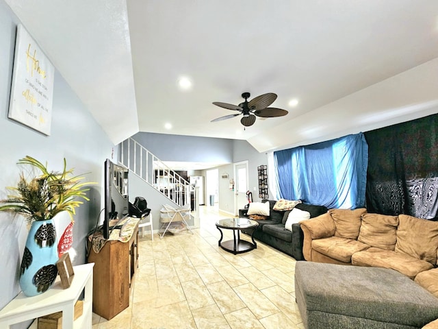 living area featuring stairway, a ceiling fan, recessed lighting, vaulted ceiling, and baseboards