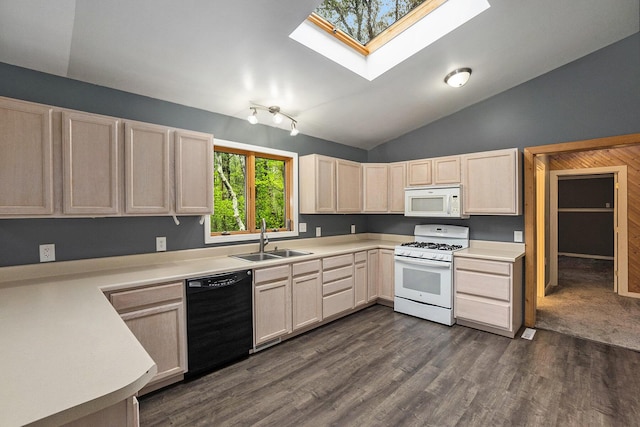 1977 E 40th St, White Cloud, MI 49349 - kitchen featuring white appliances, a sink, light brown cabinets, light countertops, and lofted ceiling