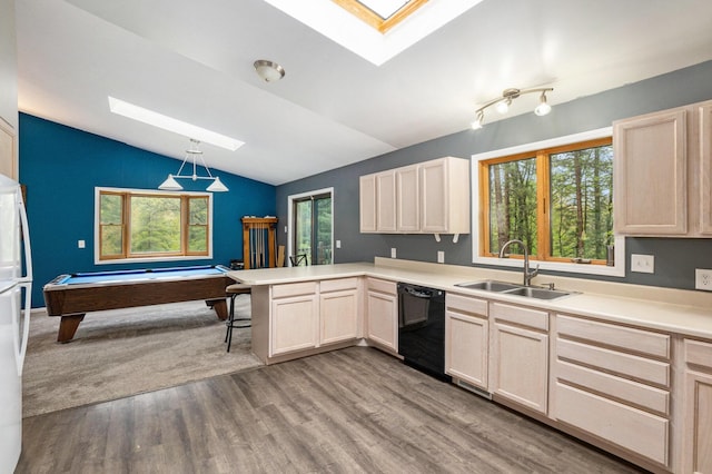 1977 E 40th St, White Cloud, MI 49349 - kitchen featuring black dishwasher, a skylight, a sink, a peninsula, and light countertops