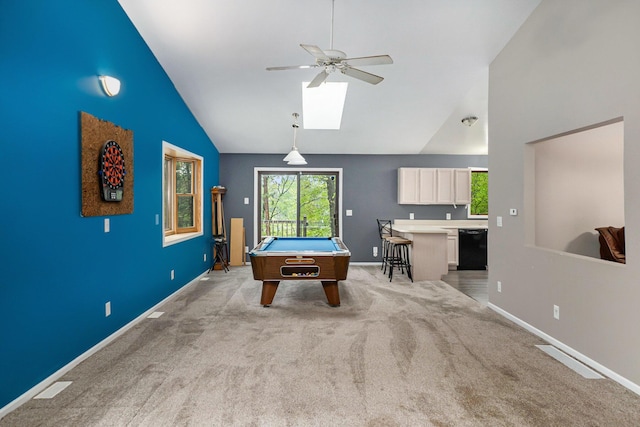1977 E 40th St, White Cloud, MI 49349 - game room with a ceiling fan, pool table, baseboards, light carpet, and a skylight