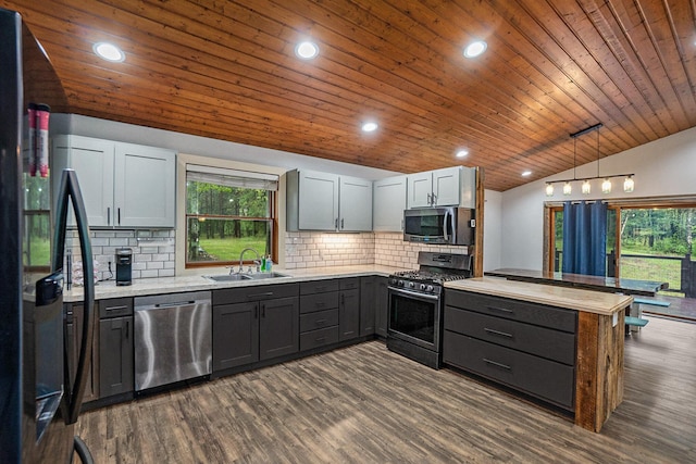1977 E 40th St, White Cloud, MI 49349 - kitchen featuring appliances with stainless steel finishes, a sink, lofted ceiling, wood ceiling, and plenty of natural light