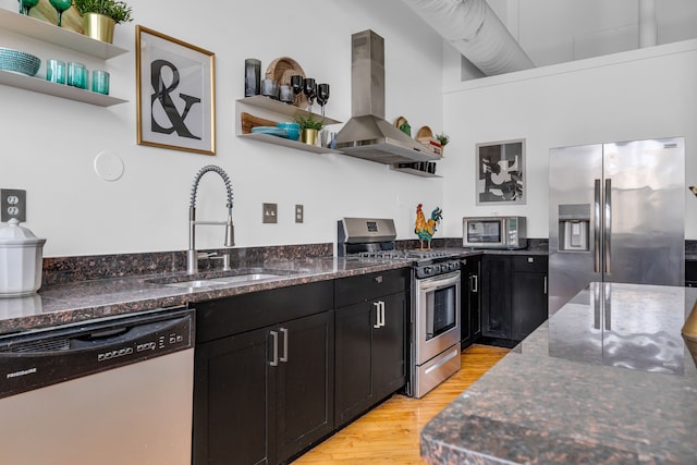 2843 E Grand Blvd Unit 9, Detroit, MI 48211 - kitchen featuring stainless steel appliances, open shelves, island range hood, a sink, and dark cabinetry