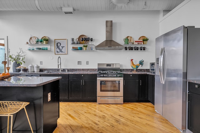 2843 E Grand Blvd Unit 9, Detroit, MI 48211 - kitchen featuring open shelves, stainless steel appliances, wall chimney range hood, and a sink
