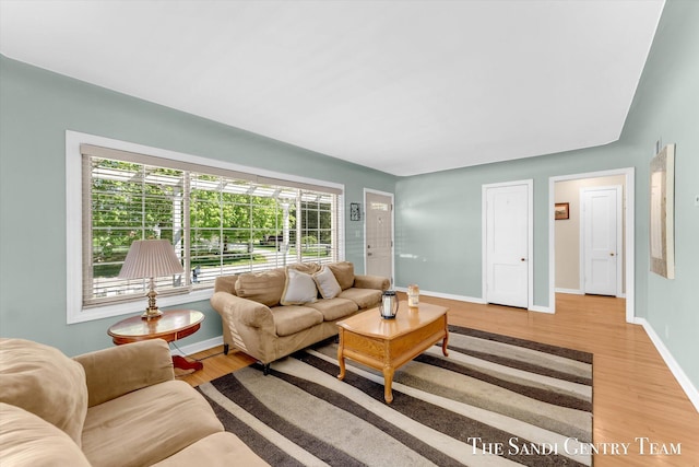 living room featuring wood finished floors and baseboards