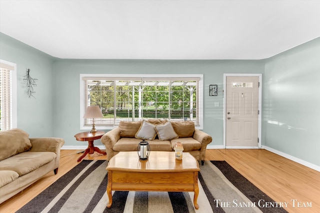 living area featuring wood finished floors and baseboards