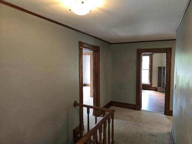 318 W King St, Owosso, MI 48867 - hall with baseboards, crown molding, light carpet, and an upstairs landing