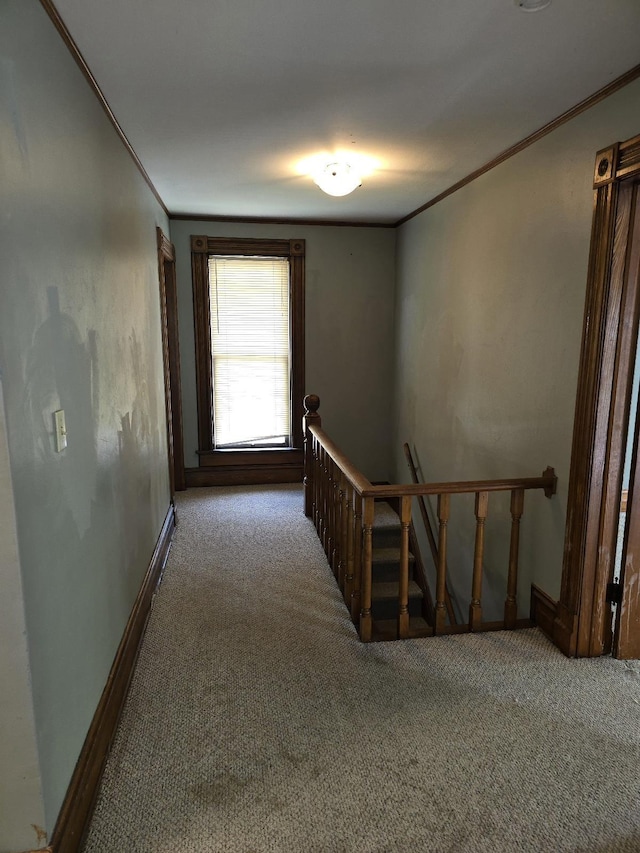 318 W King St, Owosso, MI 48867 - hall with an upstairs landing, carpet flooring, baseboards, and crown molding