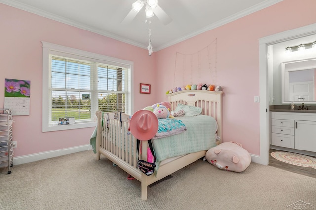 5353 N Graham Rd, Freeland, MI 48623 - bedroom featuring ornamental molding, carpet flooring, baseboards, and a sink